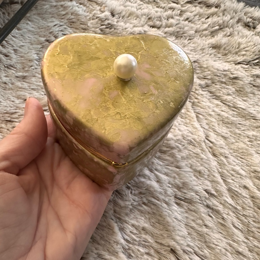 Handcrafted hand painted artisan ceramic pink gold jewelry trinket box